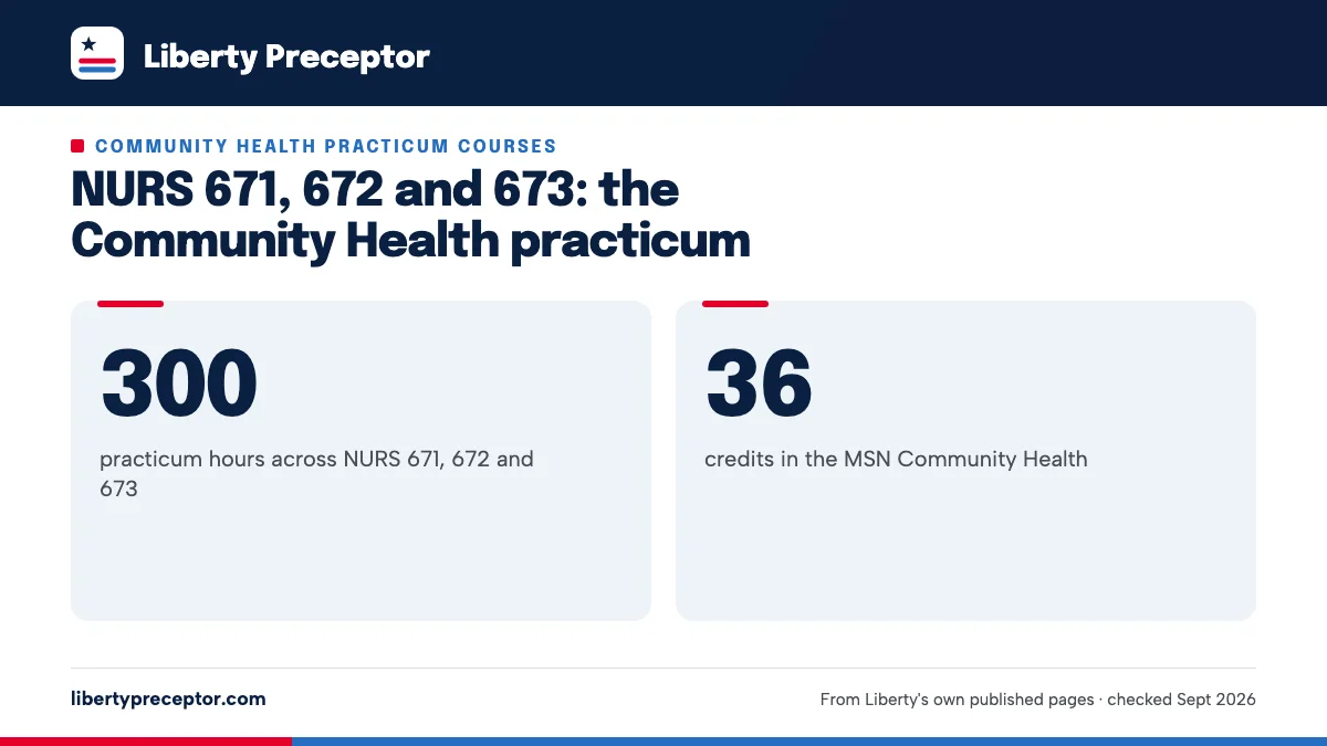 NURS 671, 672 and 673: the Community Health practicum. 300: practicum hours across NURS 671, 672 and 673; 36: credits in the MSN Community Health.