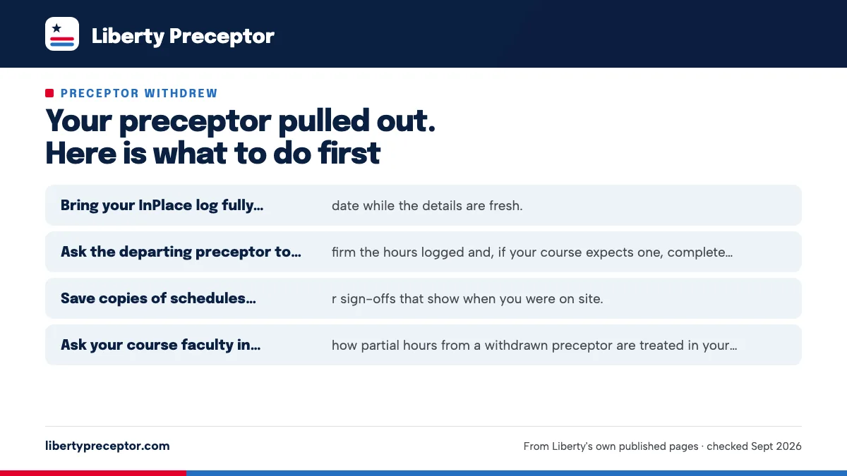 Protect the hours you've already earned: Bring your InPlace log fully up to date while the details ar; Ask the departing preceptor to confirm the hours logged and,; Save copies of schedules, emails or sign-offs that show when; Ask your course faculty in writing how partial hours from a .